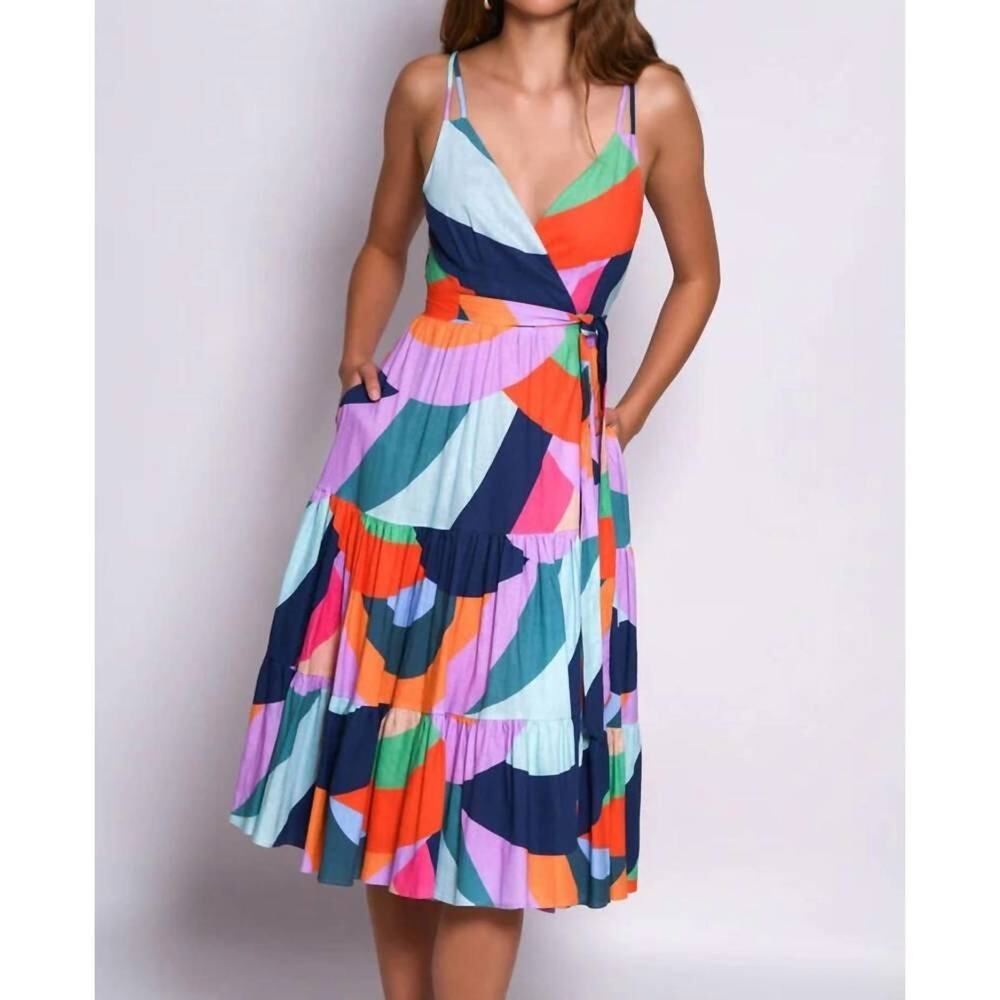 Hutch EUC Byers Sleeveless Wrap Dress in Rainbow Wave Print Linen Blend M